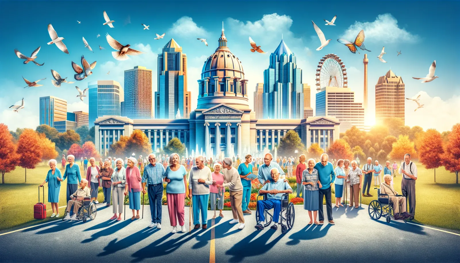 A large group of people standing in front of a city skyline