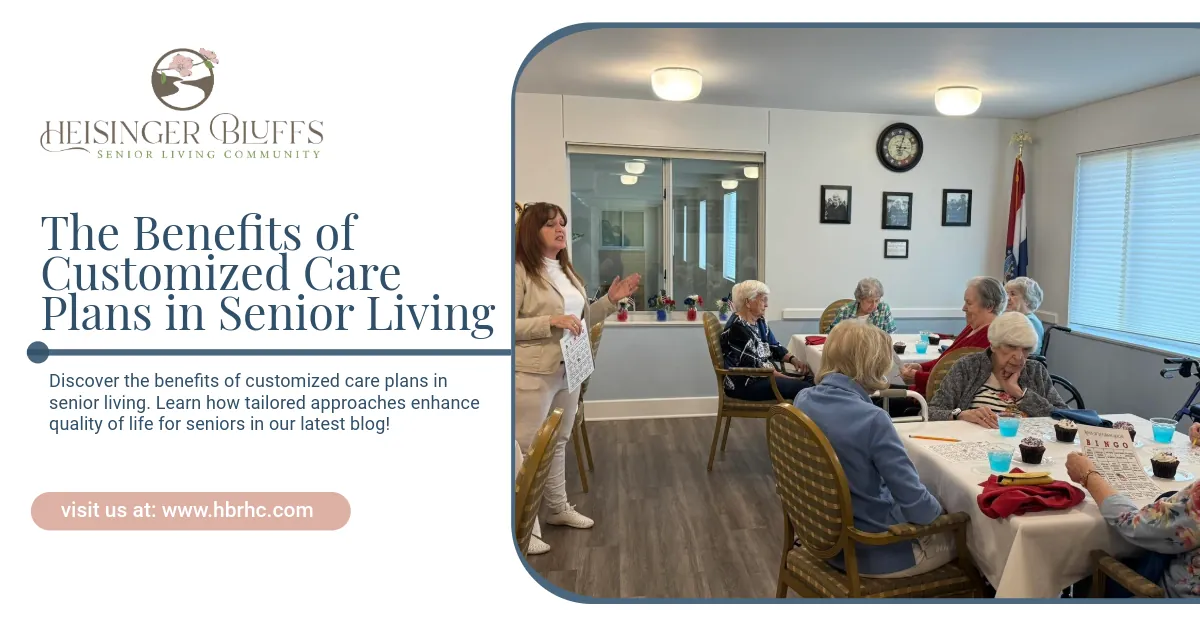 A group of seniors eating together at a senior living dining hall